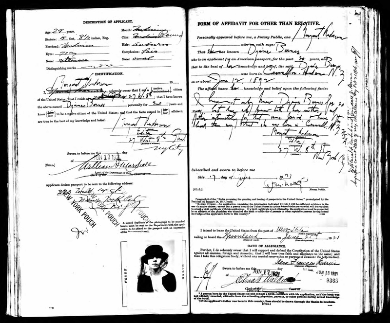Djuna Barnes, passport application, 1921. Image: National Archives and Records Administration.